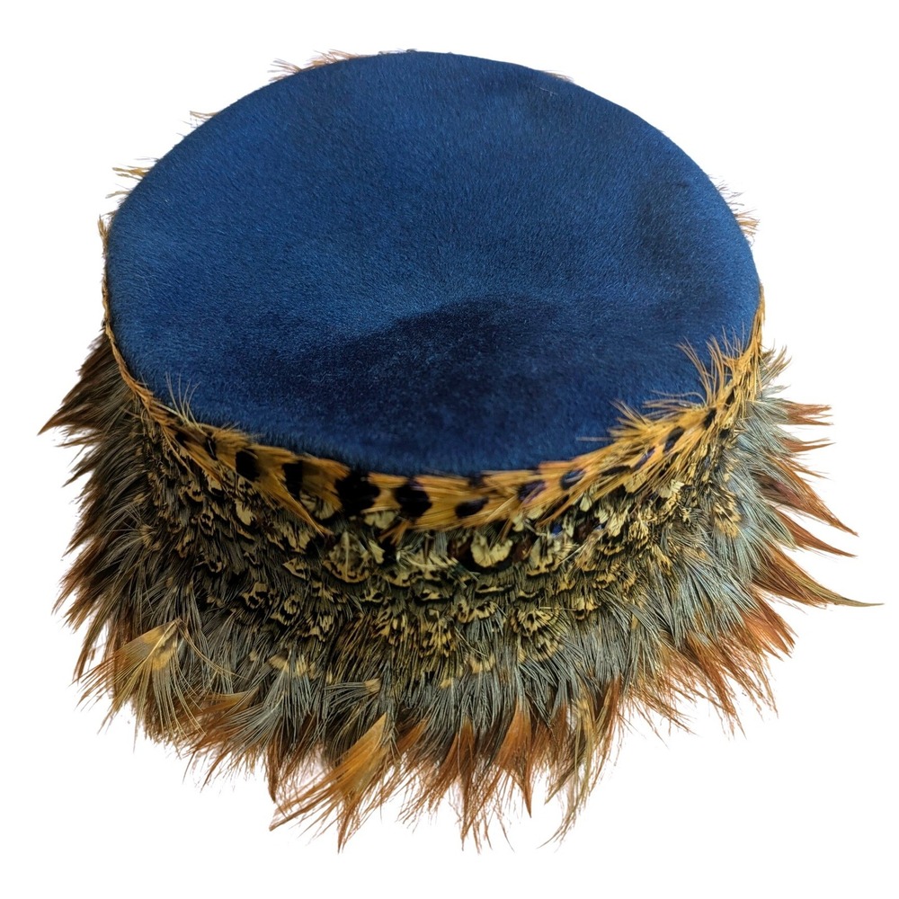 Henry Pollak Peachfelt Blue Wool‎ Pillbox Hat Pheasant Feather Vintage